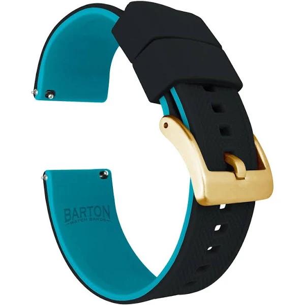 Elite Silicone Watch Band / Strap in Aqua Blue/Black w/ Gold Buckle, Width 22mm | Barton