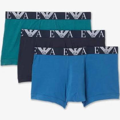 Emporio Armani 3 Pack Monogram Logo Trunks, Size S, Blue
