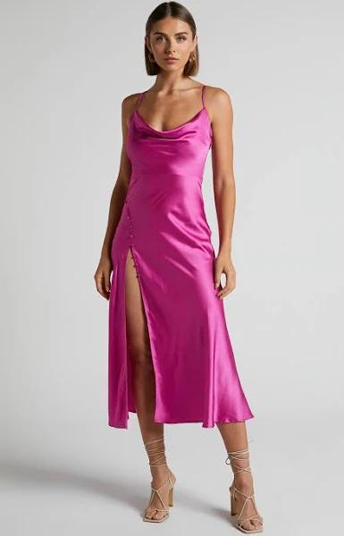 Flordeliza Midi Dress - Cowl Neck Thigh Slit Slip Dress in Pink - Showpo A Line Dresses - 4 (XXS)