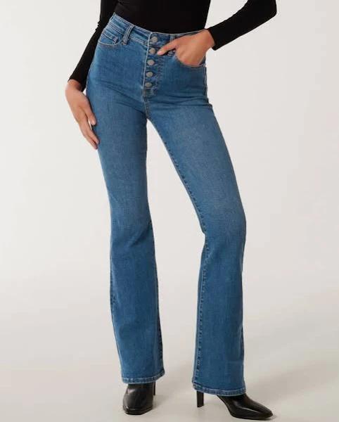 Forever New Louisa High Rise Button Flare Jeans in Blue Denim 12