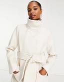 Forever New Petite Funnel Neck Wrap Tie Smart Coat in cream-White
