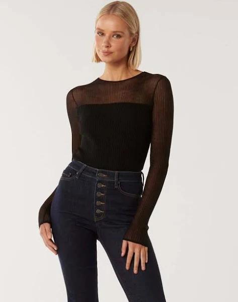 Forever New Women's Brooke Sheer Mix Knit Top in Black, Size Medium