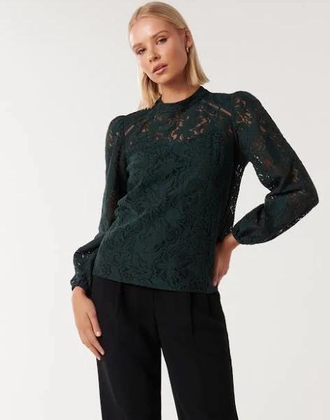 Forever New Women's Geri Floral Lace Blouse in Deep Emerald, Size 4