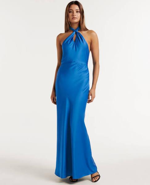 Forever New Women's Yvette Petite Tie-Neck Gown in Blue Atmosphere, Size 12 | Polyester
