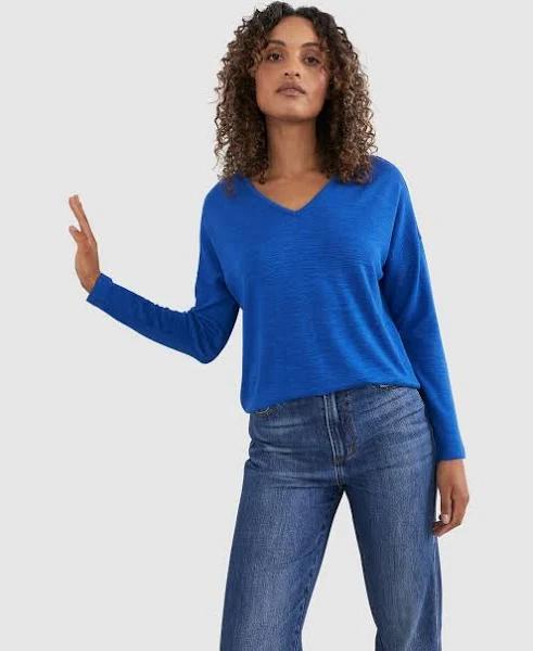 French Connection Soft V Neck Long Sleeve T Shirt in Blue Elec Blue S