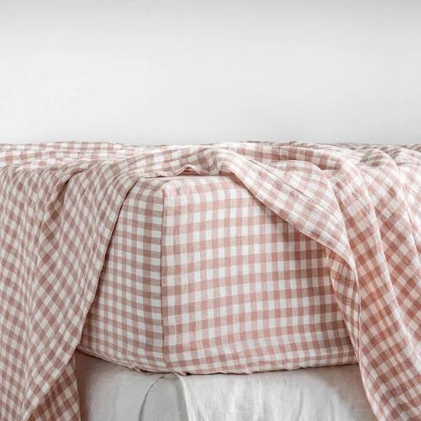 French Flax Linen Fitted Sheet in Clay Gingham by I Love Linen - King x 50cm