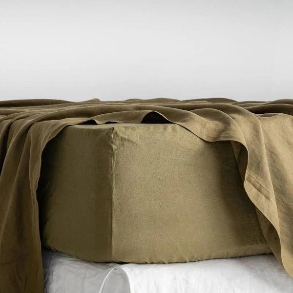 French Flax Linen Fitted Sheet in Olive by I Love Linen - King x 30cm