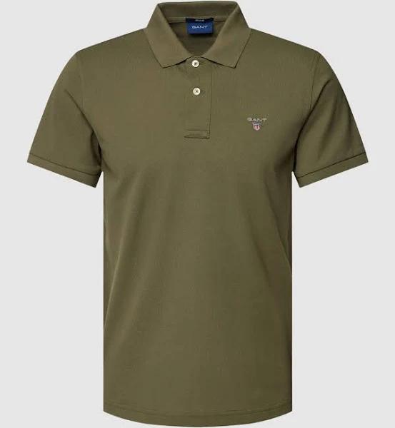 Gant Solid Fitted Pique Polo in Green M