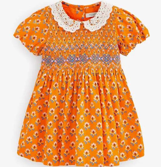 Girls Next Lace Collar Shirred Cotton Dress (3mths-8yrs) - Orange
