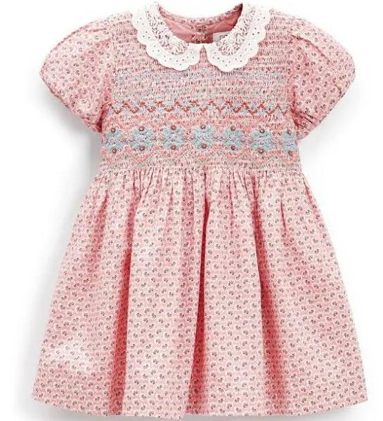 Girls Next Printed Lace Collar Shirred Cotton Dress (3mths-8yrs) - Pink