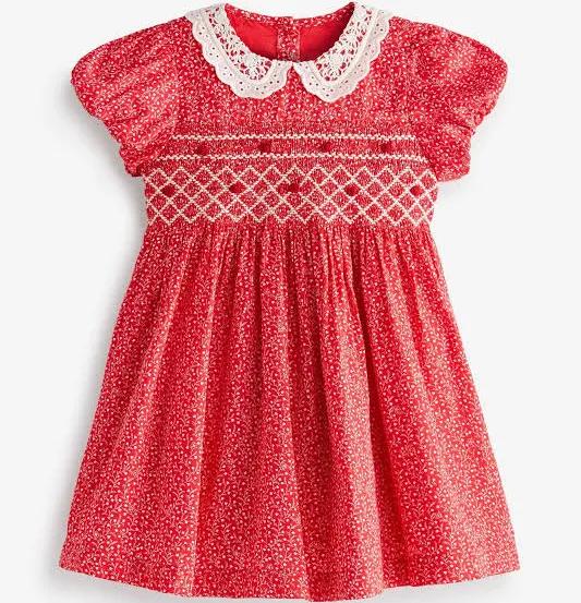Girls Next Printed Lace Collar Shirred Cotton Dress (3mths-8yrs) - Red