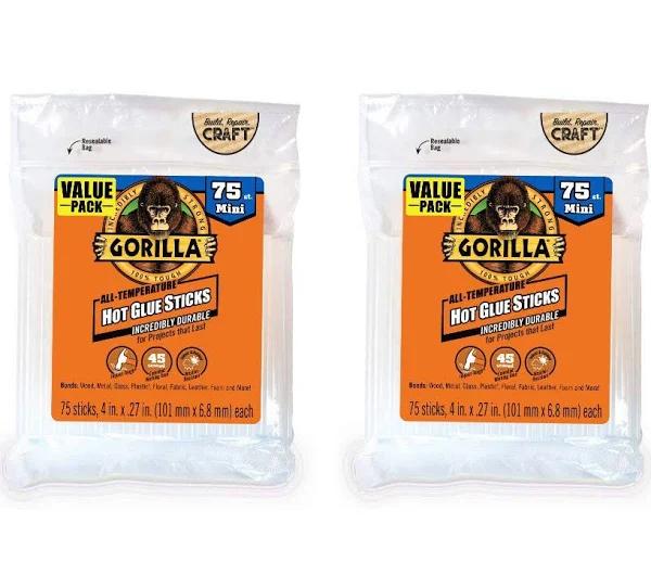 Gorilla Hot Glue Sticks, Mini Size, 4" Long x .27" Diameter, 75 Count, Clear, (Pack of 2)