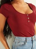 Guess Women's Eco Red Karlee Jewel Henley T-Shirt Size: Small