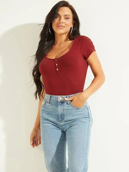 Guess Women's Eco Red Karlee Jewel Henley T-Shirt Size: Small