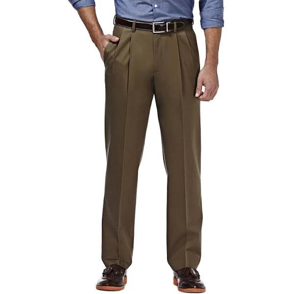 Haggar Mens Pants Brown Size 38x30 Pleated Classic Fit Khaki Stretch