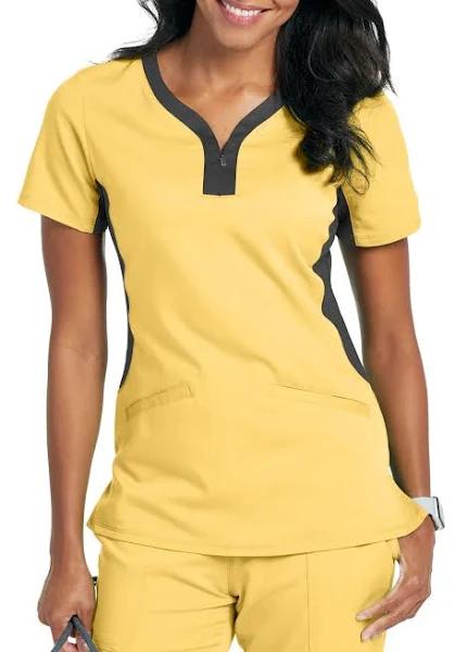 Healing Hands Scrubs Purple Label Stretch Jessi Top - L - Canary w/ Pewter