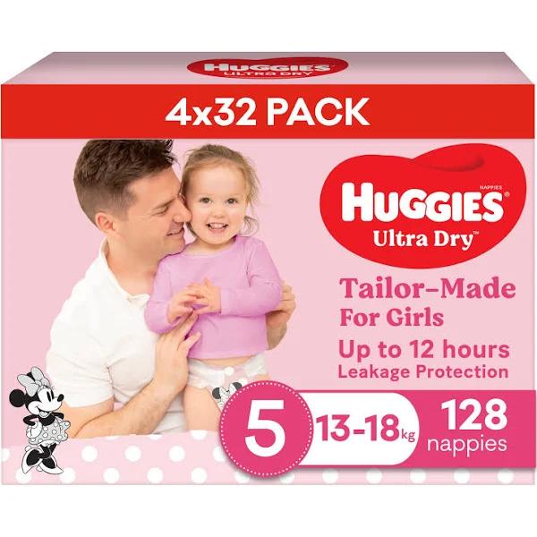 Huggies Ultra Dry Nappies Girls Size 5 (13-18kg) 128 Count