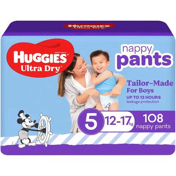 Huggies Ultra Dry Nappy Pants Boy Size 5 (12-17kg) 108 Count