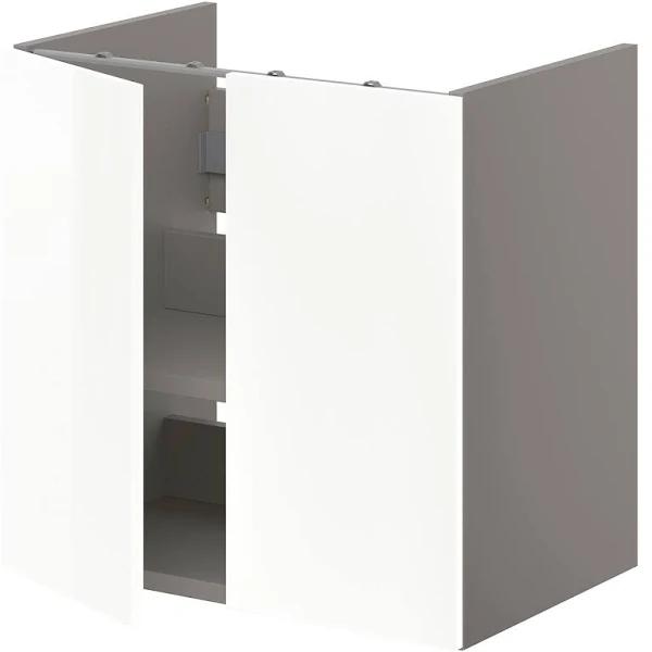 IKEA - ENHET BS CB F WB W shlf/doors, grey/high-gloss White 60x42x60 cm