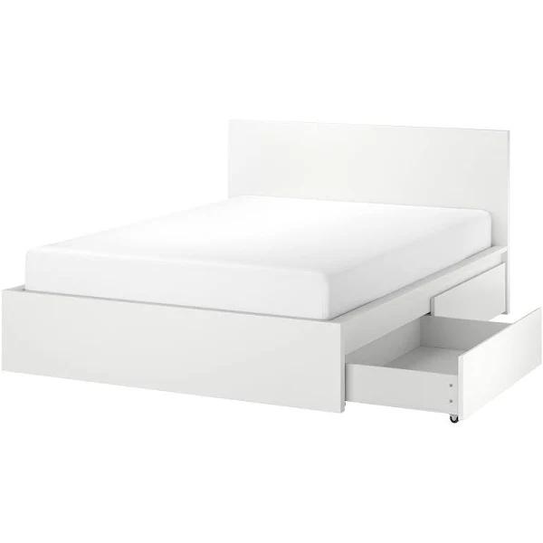 IKEA - Malm Bed Frame, High, W 2 Storage Boxes, White Queen
