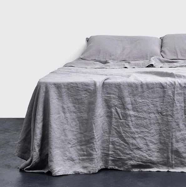 in Bed 100% Linen Flat Sheet in Cool Grey Double | RIISE
