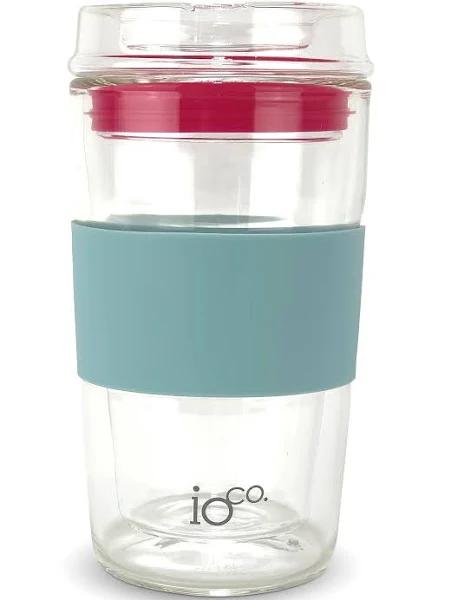 IOco 12oz All Glass Coffee Tea Cup New Mug.Travel Reuse & Keep It -Ocean/Pink