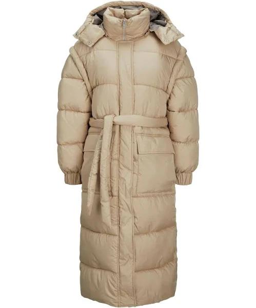 Jjxx Longline Puffer Coat With Tie Waist in beige-Neutral