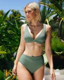 Kaiami Women's Rubi Rib High Waisted Bikini Bottom in Green | Size 16