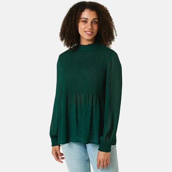 Kmart Long Sleeve Shirred Neck Top-Fore Green Size: 16