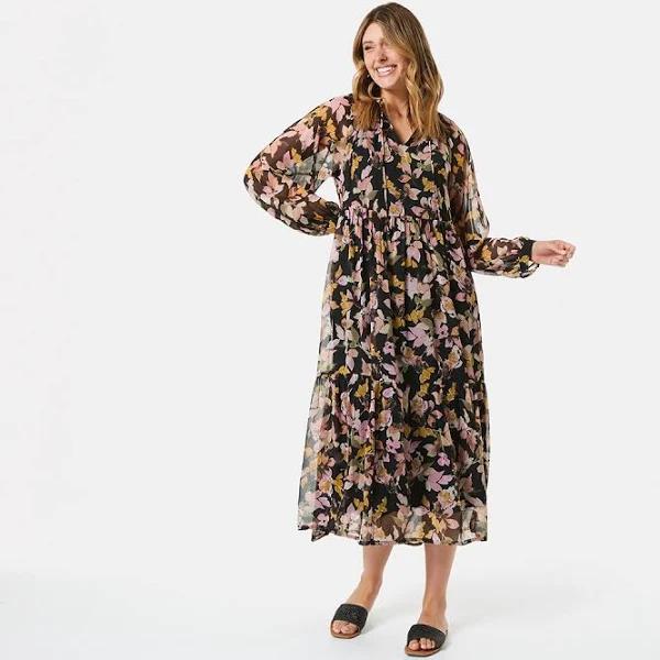 Kmart Long Sleeve Tiered Maxi Dress-Blk Leaves Size: 16
