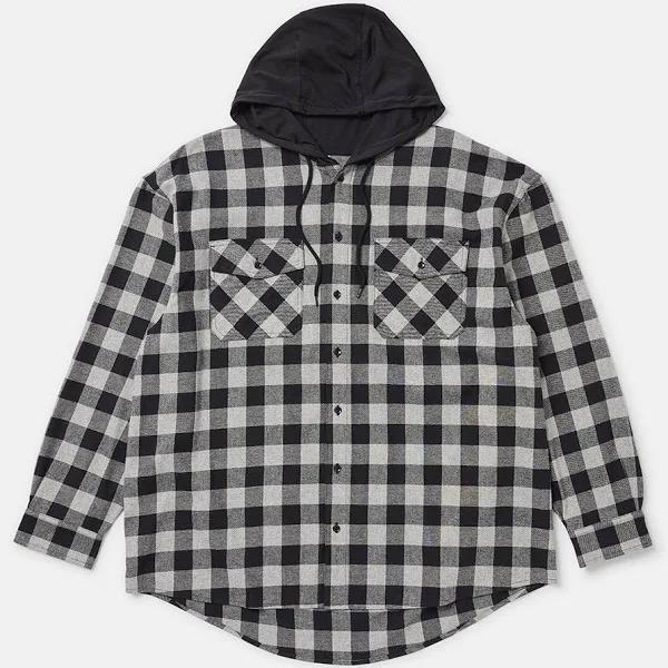 Kmart Men's Larger Long Sleeve Hooded Flannel Shirt-black Size: 5XL