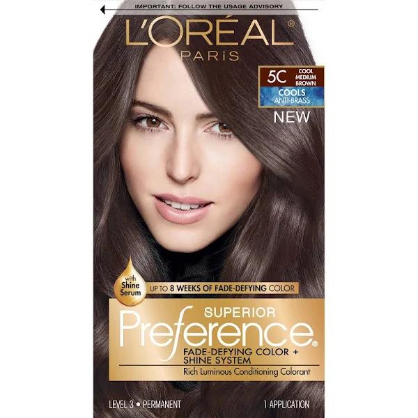 L'Oreal Paris Superior Preference Fade-Defying Shine Permanent Hair Color, 5C Cool Medium Brown, 1 Kit