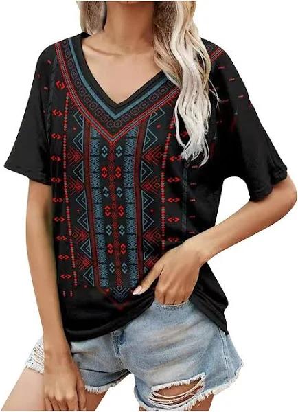 Ladies Floral Tunic Tops Short Sleeve V Neck Tunic Length T-shirt