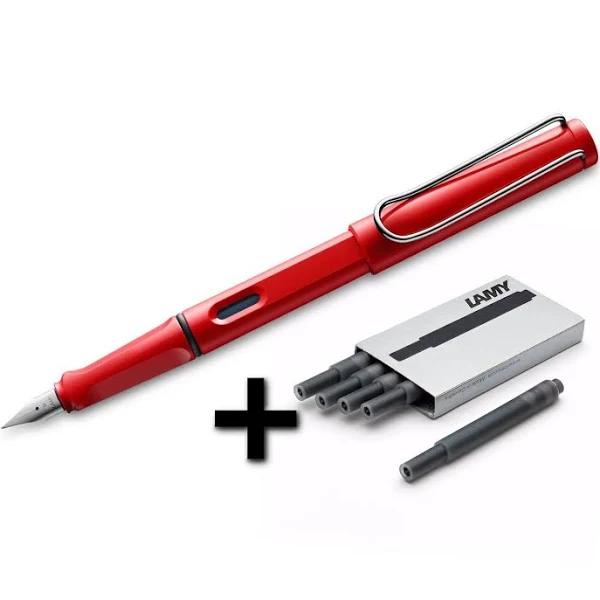 Lamy Safari Fountain Pen, Medium Nib + 5 Black Ink Cartridges (Red)