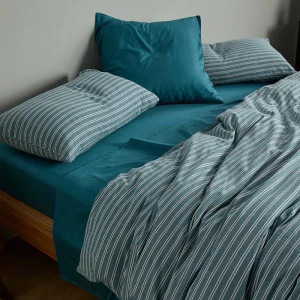 Leo Washed Cotton | Teal Stripe Duvet Cover | Single | Sheet Society