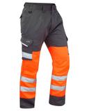 Leo Workwear Bideford ISO 20471 CL 1 Poly/Cotton Cargo Trouser HV Orange/Grey 34S