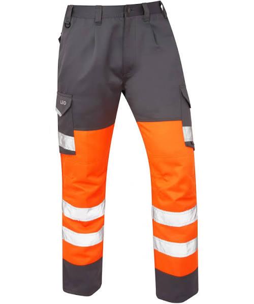 Leo Workwear Bideford ISO 20471 CL 1 Poly/Cotton Cargo Trouser HV Orange/Grey 34S
