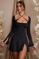 Long Sleeve Cross Over Strap Mini Dress in Black, 4