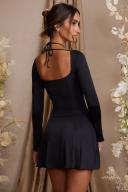 Long Sleeve Cross Over Strap Mini Dress in Black, 4