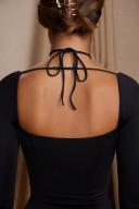 Long Sleeve Cross Over Strap Mini Dress in Black, 4