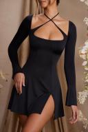 Long Sleeve Cross Over Strap Mini Dress in Black, 4