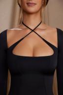 Long Sleeve Cross Over Strap Mini Dress in Black, 4