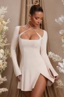 Long Sleeve Cross Over Strap Mini Dress in Cream, 12