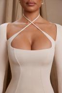 Long Sleeve Cross Over Strap Mini Dress in Cream, 12