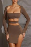 Long Sleeve Cut Out Mini Dress in Taupe, 8