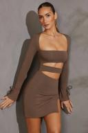 Long Sleeve Cut Out Mini Dress in Taupe, 8