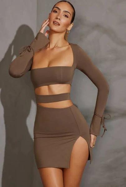 Long Sleeve Cut Out Mini Dress in Taupe, 8