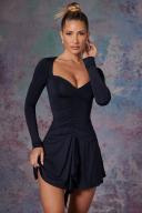 Long Sleeve Waterfall Skirt Mini Dress in Midnight Black, 14