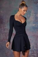 Long Sleeve Waterfall Skirt Mini Dress in Midnight Black, 14