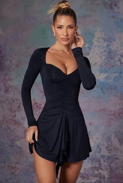 Long Sleeve Waterfall Skirt Mini Dress in Midnight Black, 14